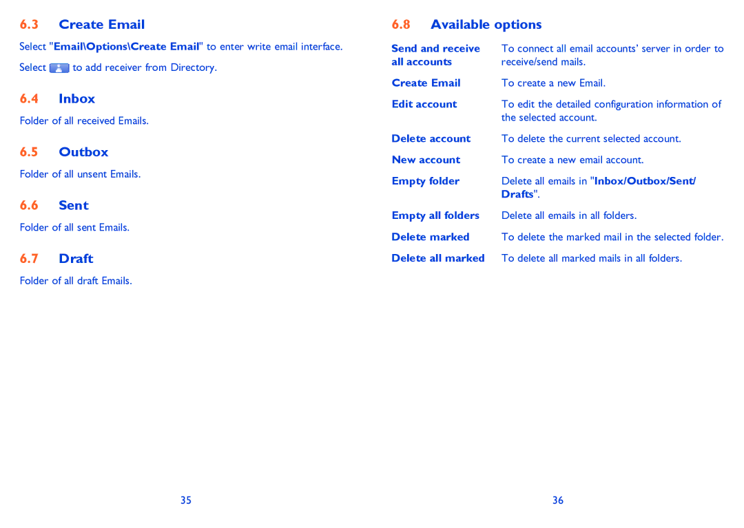 Alcatel ONE TOUCH 385/385D manual Create Email, Inbox, Outbox, Sent, Draft 
