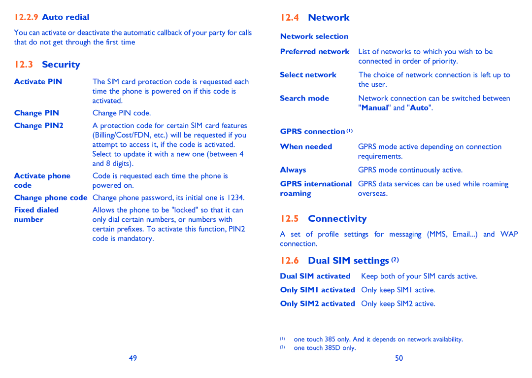 Alcatel ONE TOUCH 385/385D manual Security, Network, Connectivity, Dual SIM settings, Auto redial 