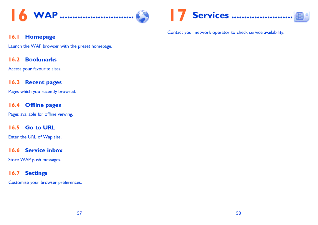Alcatel ONE TOUCH 385/385D manual 16 WAP, Services 