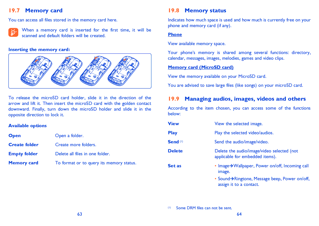 Alcatel ONE TOUCH 385/385D manual Memory card, Memory status, Managing audios, images, videos and others 