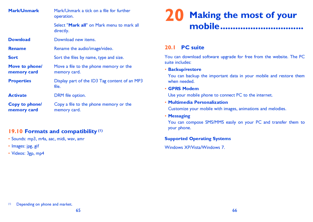 Alcatel ONE TOUCH 385/385D manual Making the most of your Mobile, Formats and compatibility, PC suite 