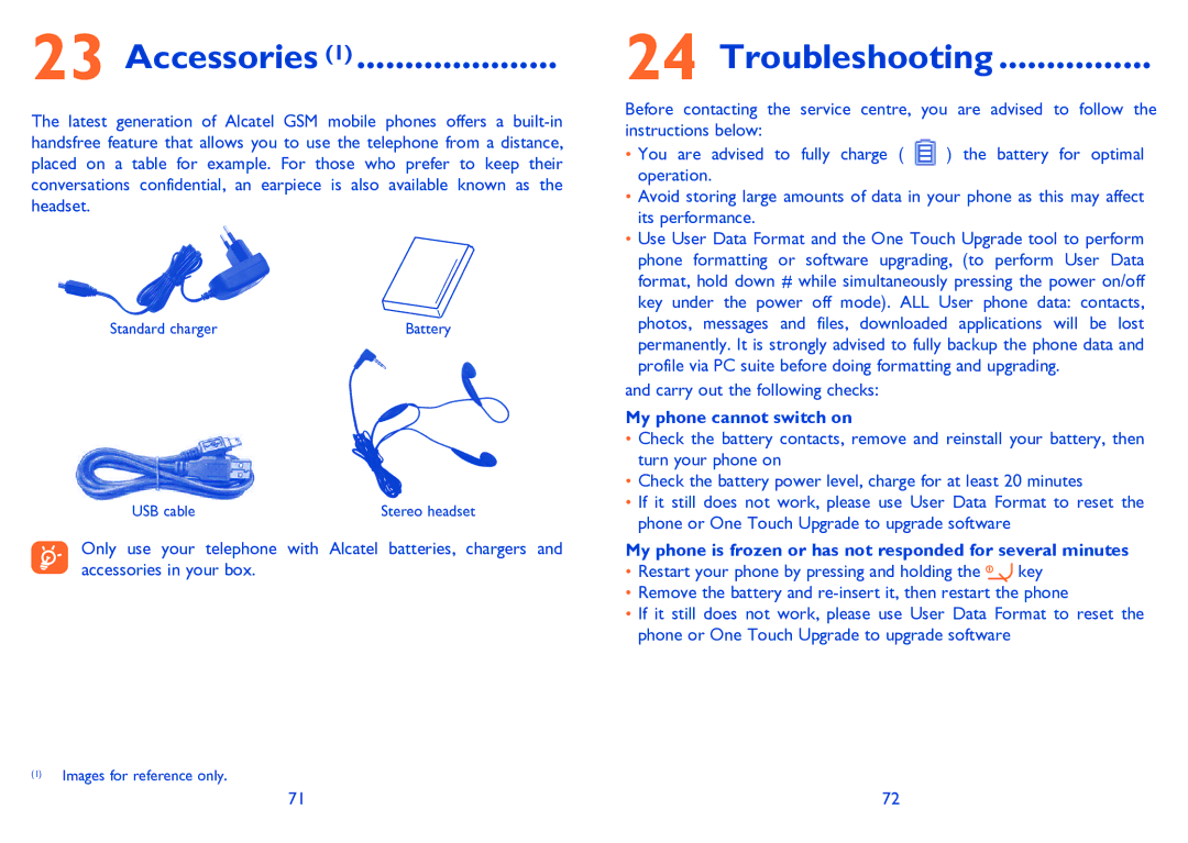 Alcatel ONE TOUCH 385/385D manual Accessories, Troubleshooting, My phone cannot switch on 