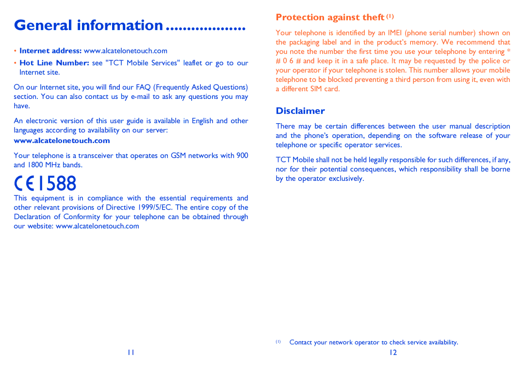 Alcatel ONE TOUCH 385/385D manual General information, Disclaimer 