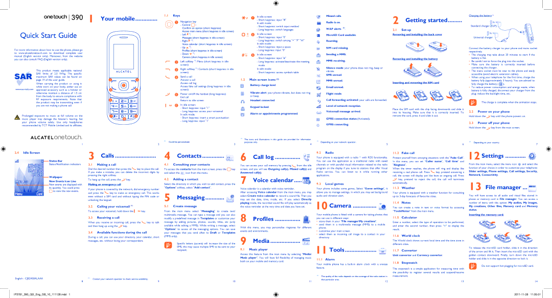 Alcatel ONE TOUCH 390 manual Your mobile, Getting started, Calls, Contacts Call log, Voice calendar, Settings, Messaging 