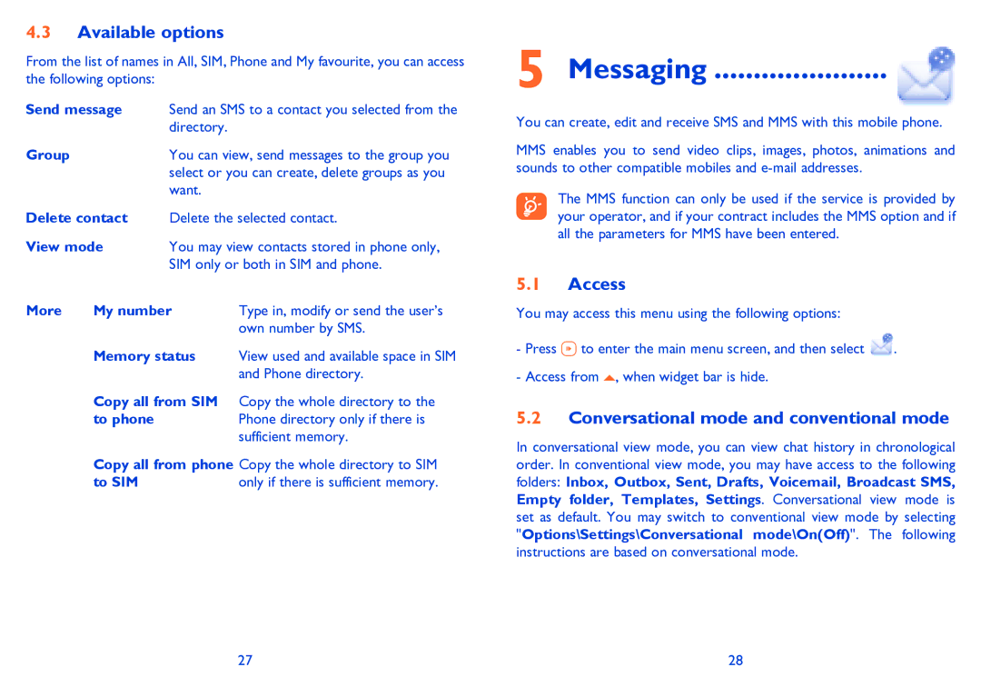 Alcatel ONE TOUCH 506/506D manual Messaging, Available options, Access, Conversational mode and conventional mode 