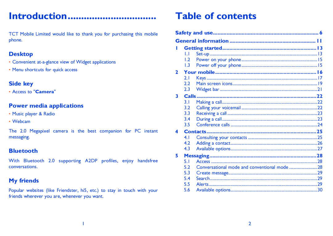 Alcatel ONE TOUCH 506/506D manual Introduction, Table of contents 