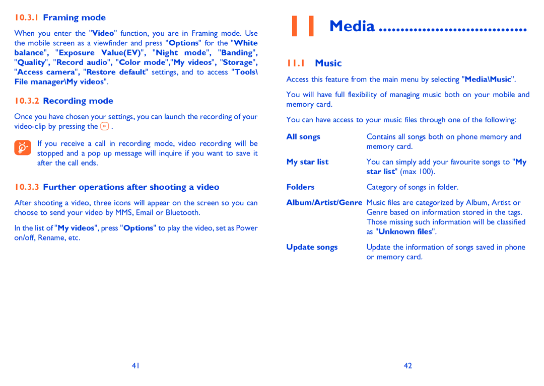 Alcatel ONE TOUCH 506/506D manual Media, Music, Framing mode, Recording mode, Further operations after shooting a video 