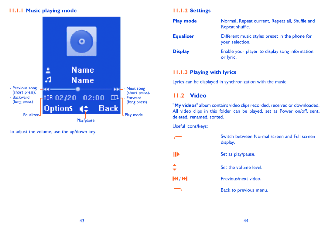 Alcatel ONE TOUCH 506/506D manual Music playing mode, Playing with lyrics, Play mode, Equalizer, Display 