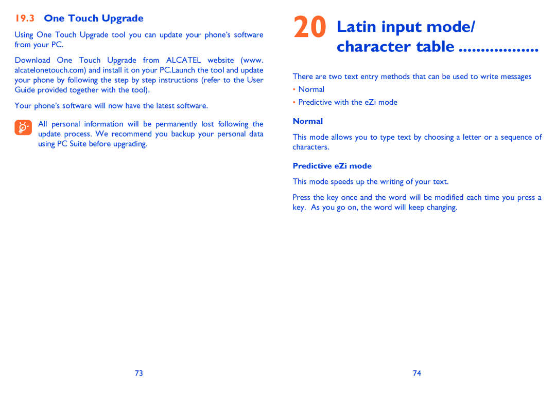 Alcatel ONE TOUCH 506/506D manual Latin input mode Character table, One Touch Upgrade, Normal, Predictive eZi mode 