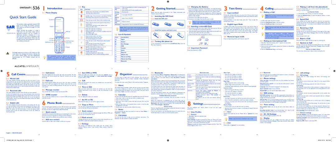 Alcatel ONE TOUCH 536 manual Introduction, Getting Started, Text Entry Calling, Call Centre, Phone Book, Organizer 