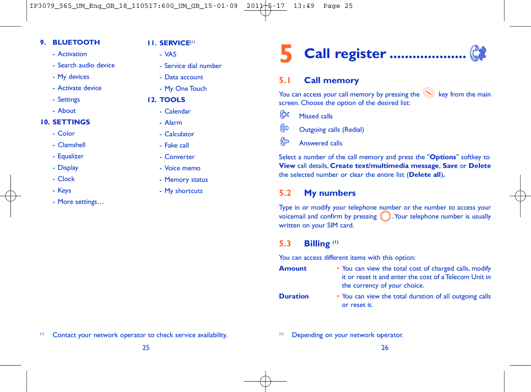 Alcatel ONE TOUCH 565 manual Call register, Call memory, My numbers, Billing 