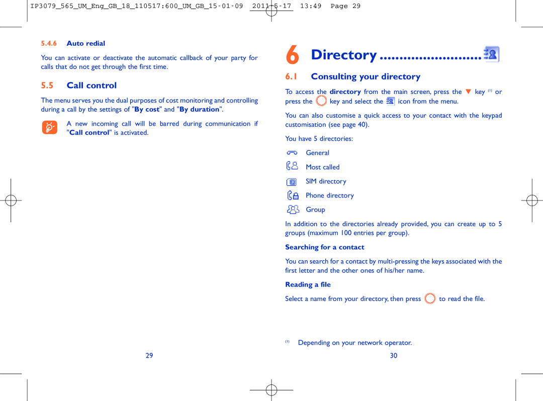 Alcatel ONE TOUCH 565 manual Directory, Call control, Consulting your directory 