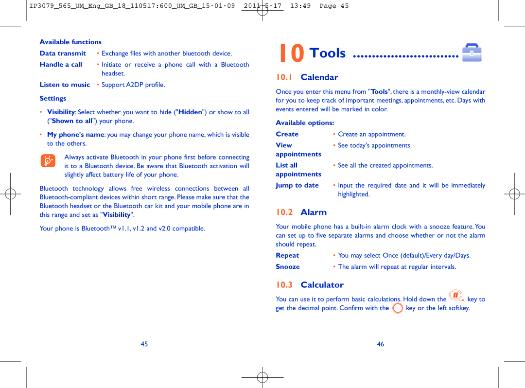 Alcatel ONE TOUCH 565 manual Tools, Calendar, Alarm, Calculator 