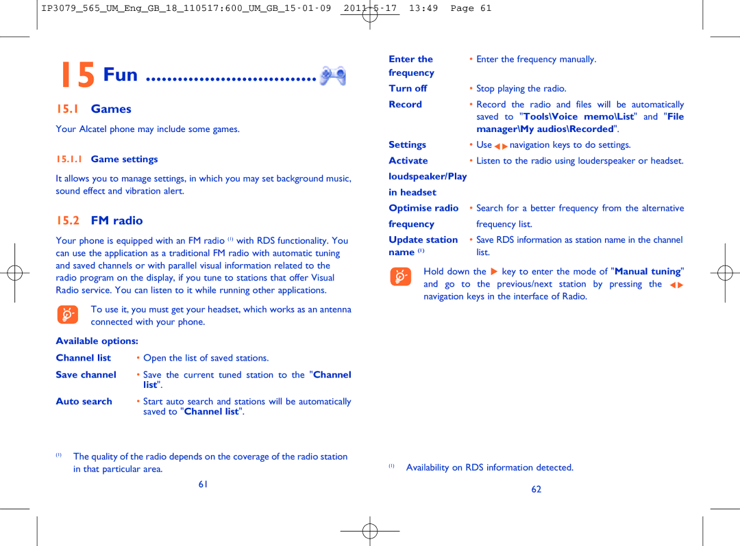 Alcatel ONE TOUCH 565 manual 15 Fun, Games, FM radio 