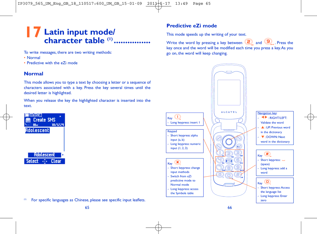 Alcatel ONE TOUCH 565 manual Latin input mode Character table, Predictive eZi mode, Normal 