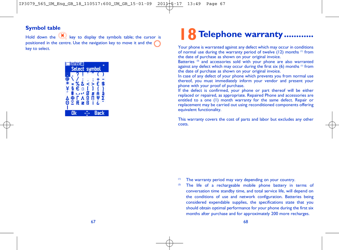 Alcatel ONE TOUCH 565 manual 18Telephonewarranty, Symbol table 