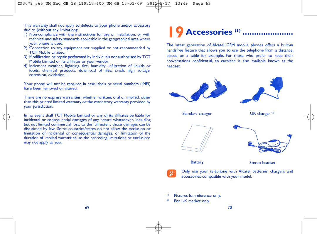 Alcatel ONE TOUCH 565 manual 19Accessories 