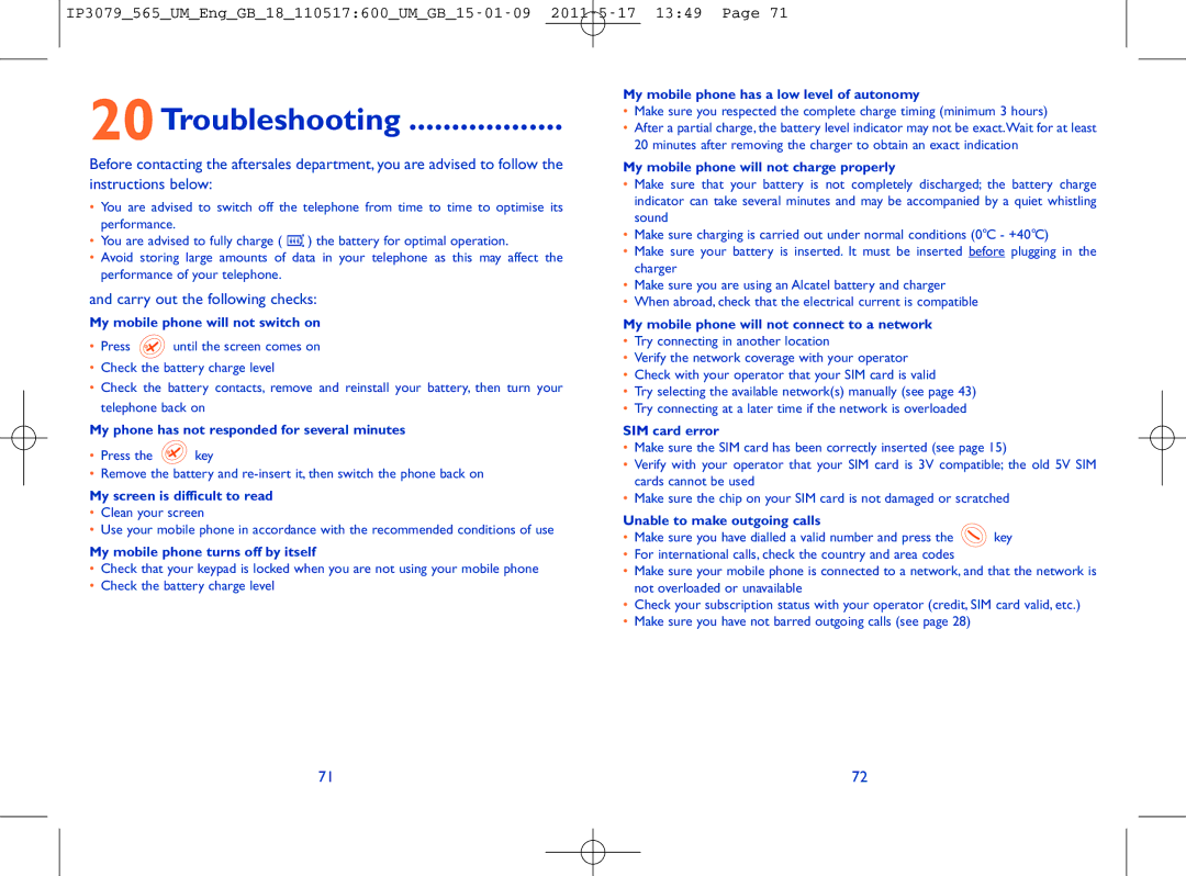 Alcatel ONE TOUCH 565 manual 20Troubleshooting, Carry out the following checks 