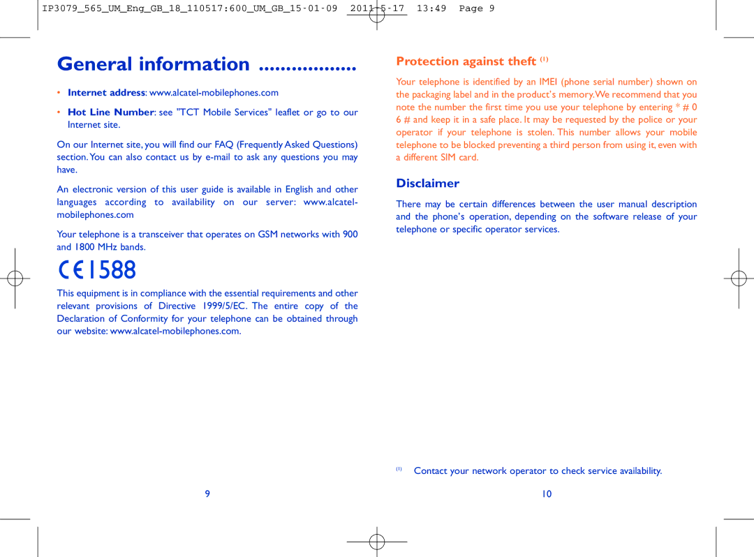 Alcatel ONE TOUCH 565 manual General information, Disclaimer 