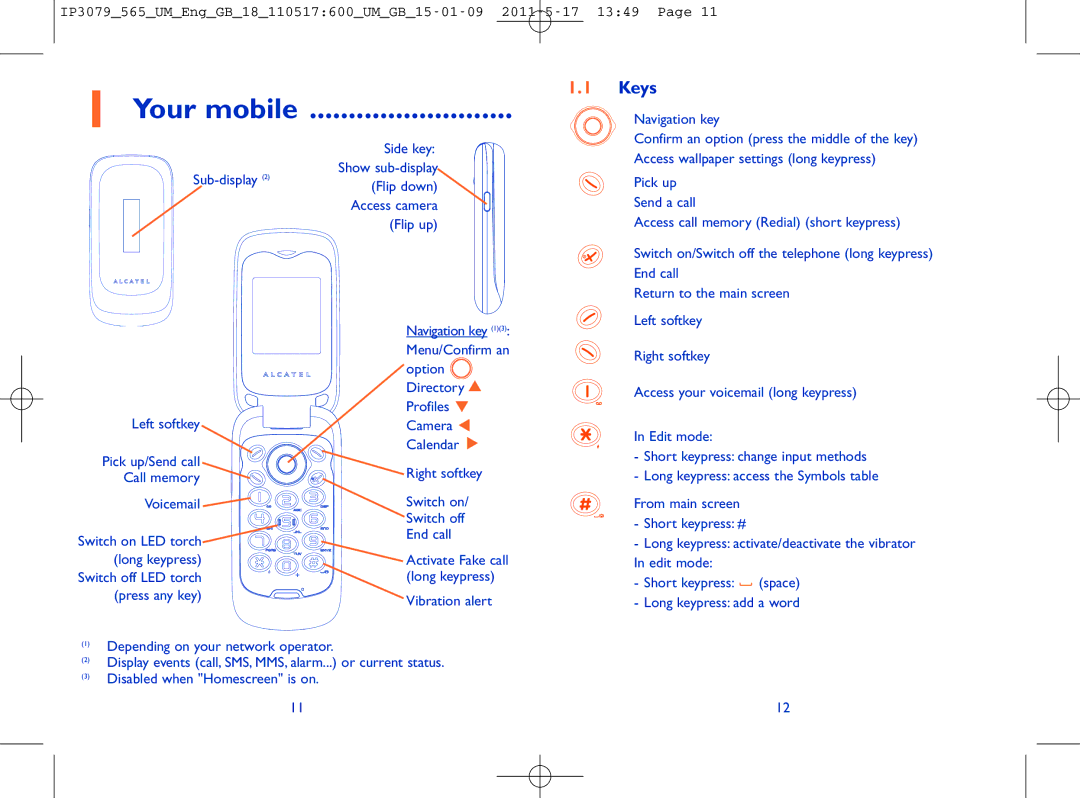 Alcatel ONE TOUCH 565 manual Your mobile, Keys 