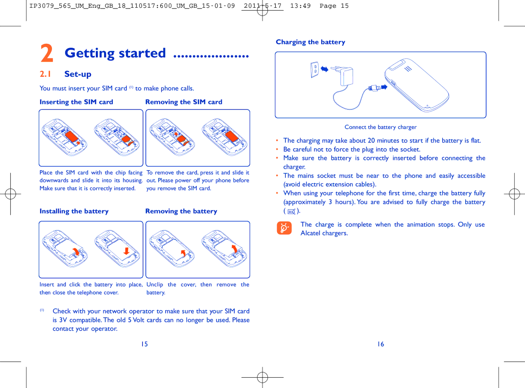 Alcatel ONE TOUCH 565 manual Getting started, Set-up, Inserting the SIM card 