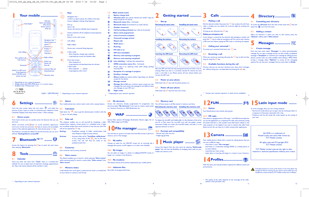 Alcatel ONE TOUCH 565 manual Your mobile, Getting started Calls Directory, Messages, Settings, 12FUN, 15Latin input mode 