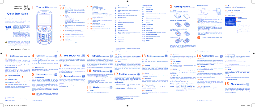 Alcatel ONE TOUCH 595/595D manual 595595D 1 Your mobile, Getting started, Calls, Contacts, Messaging, ONE Touch Mail, Web 