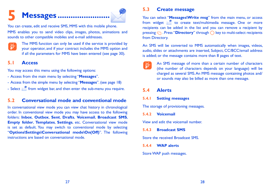 Alcatel ONE TOUCH 606 manual Messages, Access, Conversational mode and conventional mode, Create message, Alerts 