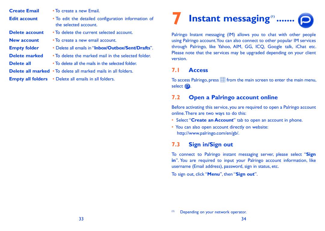 Alcatel ONE TOUCH 606 manual Instant messaging1, Open a Palringo account online, Sign in/Sign out 