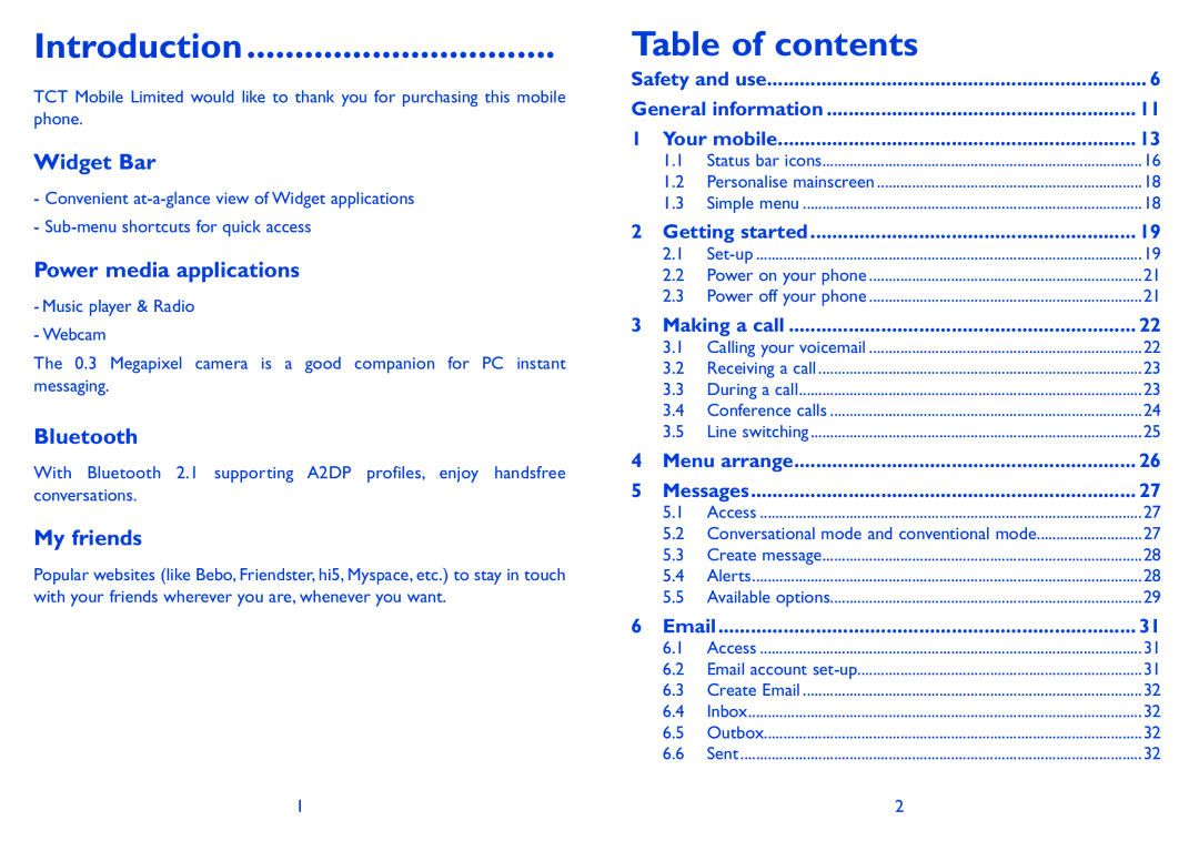 Alcatel ONE TOUCH 606 manual Introduction, Table of contents 