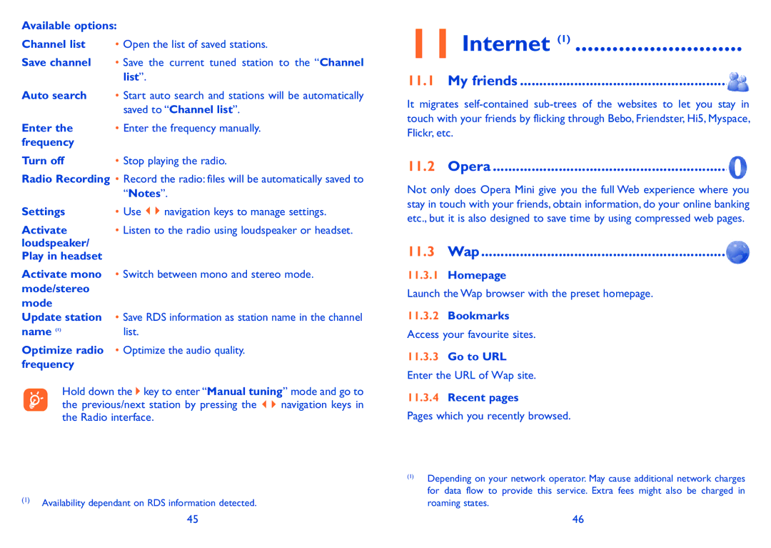 Alcatel ONE TOUCH 606 manual Internet, Opera, 11.3 Wap 