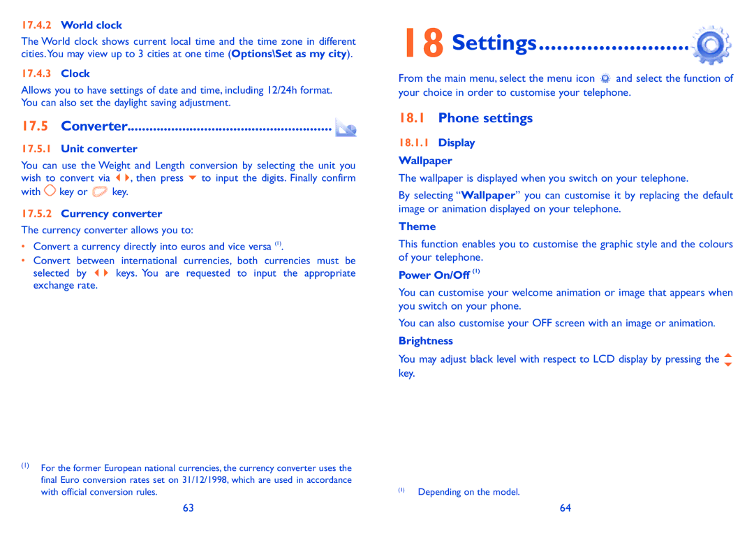 Alcatel ONE TOUCH 606 manual Settings, Converter, Phone settings 