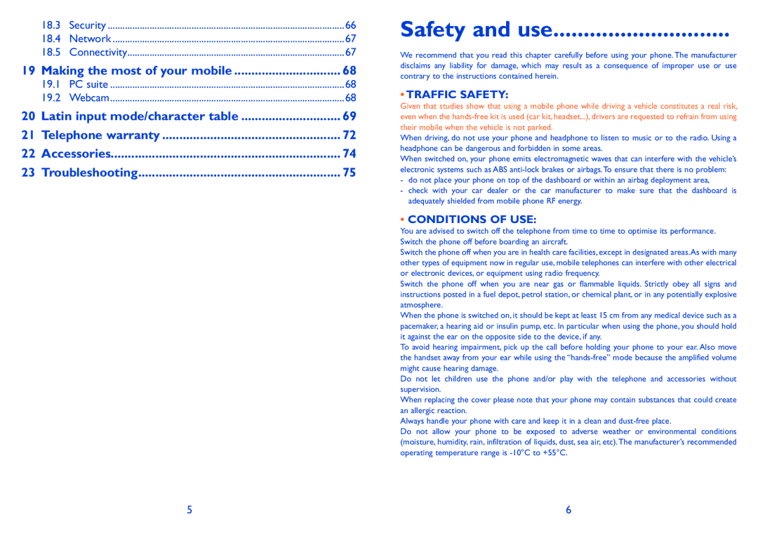 Alcatel ONE TOUCH 606 manual Safety and use, Traffic Safety 