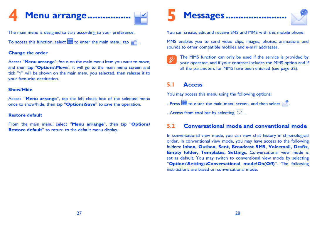 Alcatel ONE TOUCH 710/710D manual Menu arrange, Messages, Access, Conversational mode and conventional mode 