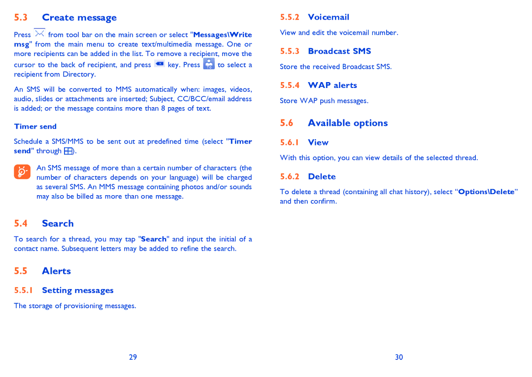 Alcatel ONE TOUCH 710/710D manual Create message, Search, Alerts, Available options 