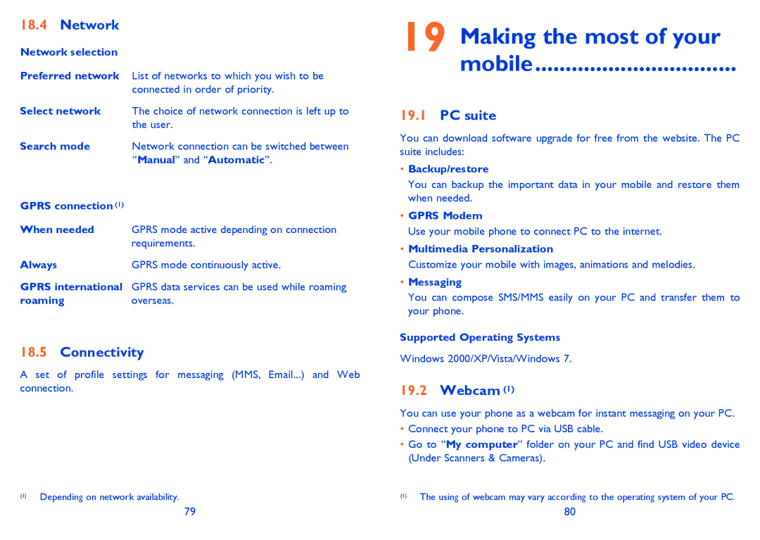 Alcatel ONE TOUCH 710/710D manual Making the most of your Mobile, Network, Connectivity, PC suite, Webcam 