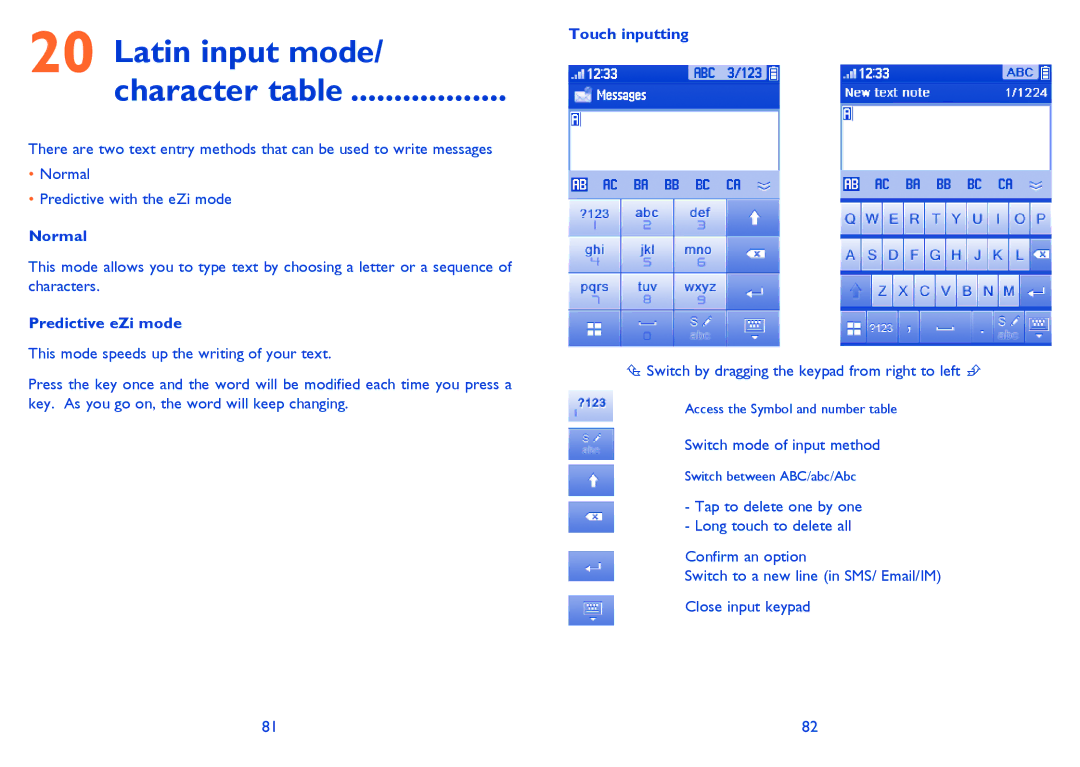 Alcatel ONE TOUCH 710/710D manual Latin input mode Character table, Normal, Predictive eZi mode, Touch inputting 