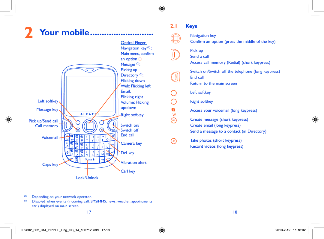 Alcatel ONE TOUCH 802 manual Your mobile, Keys 