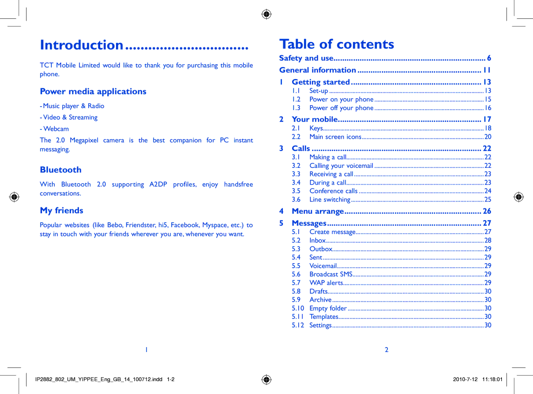 Alcatel ONE TOUCH 802 manual Introduction, Table of contents 