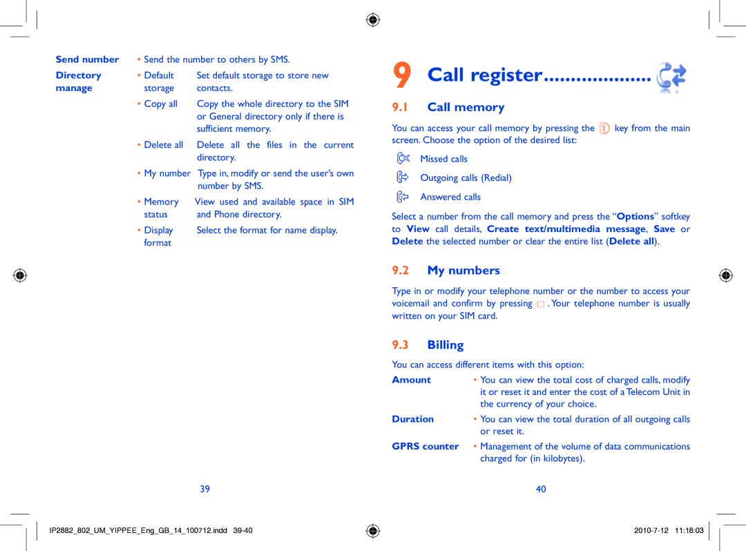 Alcatel ONE TOUCH 802 manual Call register, Call memory, My numbers, Billing 