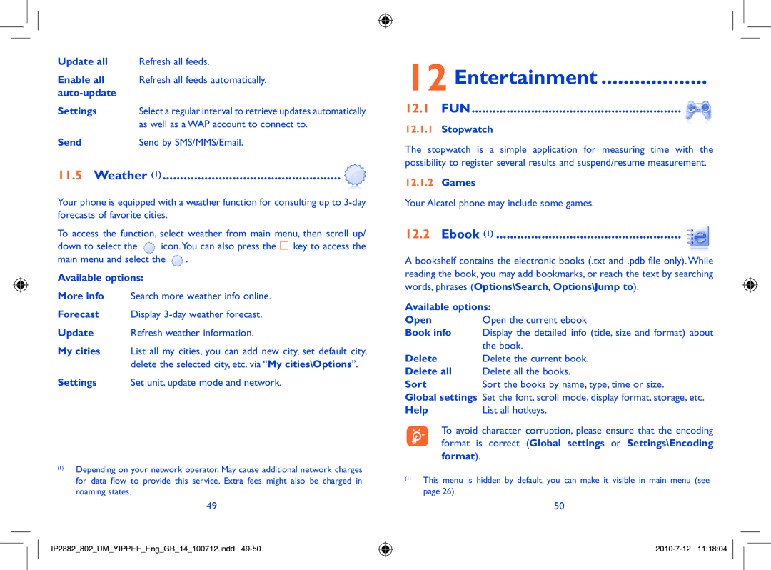 Alcatel ONE TOUCH 802 manual Entertainment, 12.1 FUN, Ebook 