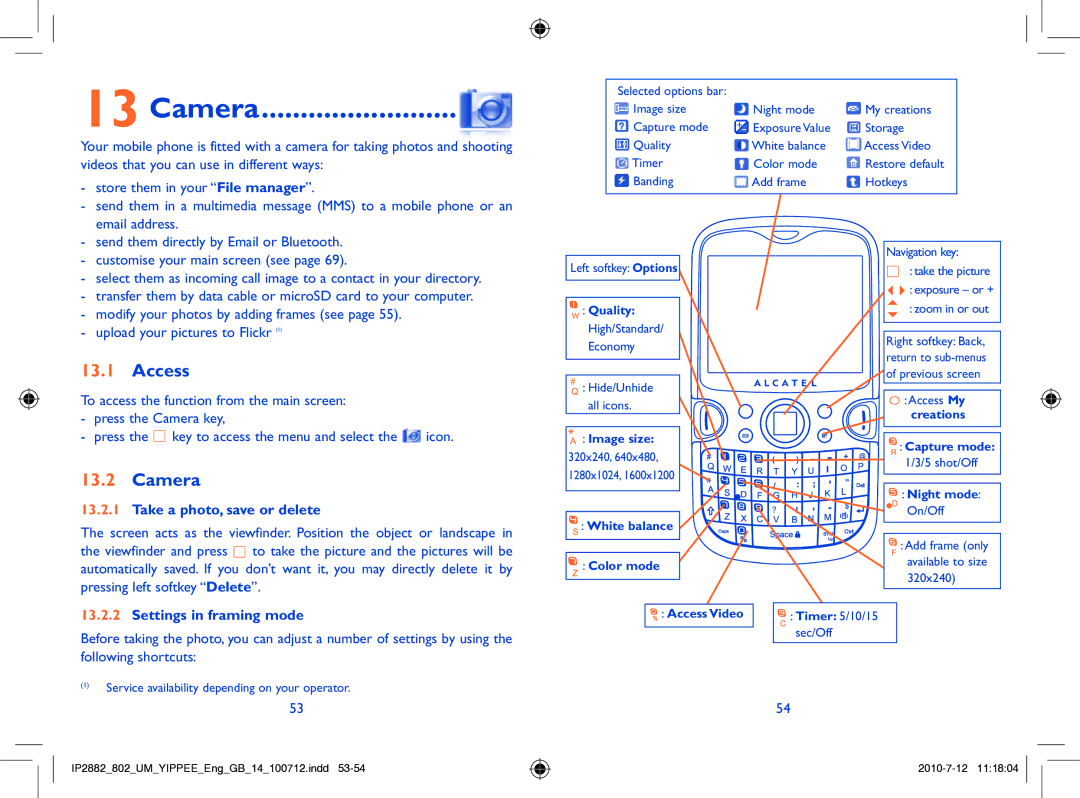 Alcatel ONE TOUCH 802 manual Camera, Take a photo, save or delete, Settings in framing mode 