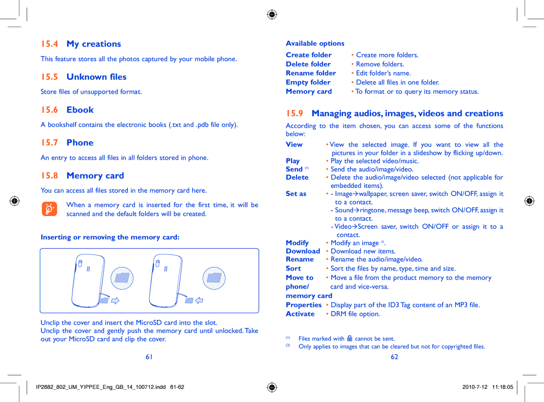 Alcatel ONE TOUCH 802 manual My creations, Unknown files, Phone, Memory card, Managing audios, images, videos and creations 