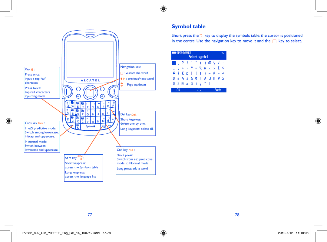 Alcatel ONE TOUCH 802 manual Symbol table 