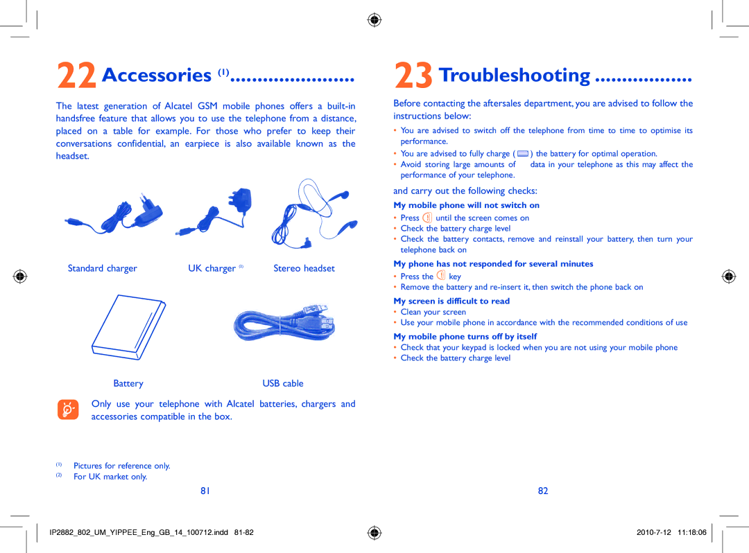 Alcatel ONE TOUCH 802 manual Accessories, 23Troubleshooting, Battery, Carry out the following checks 