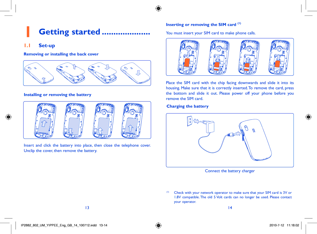 Alcatel ONE TOUCH 802 manual Getting started, Set-up, Inserting or removing the SIM card, Charging the battery 