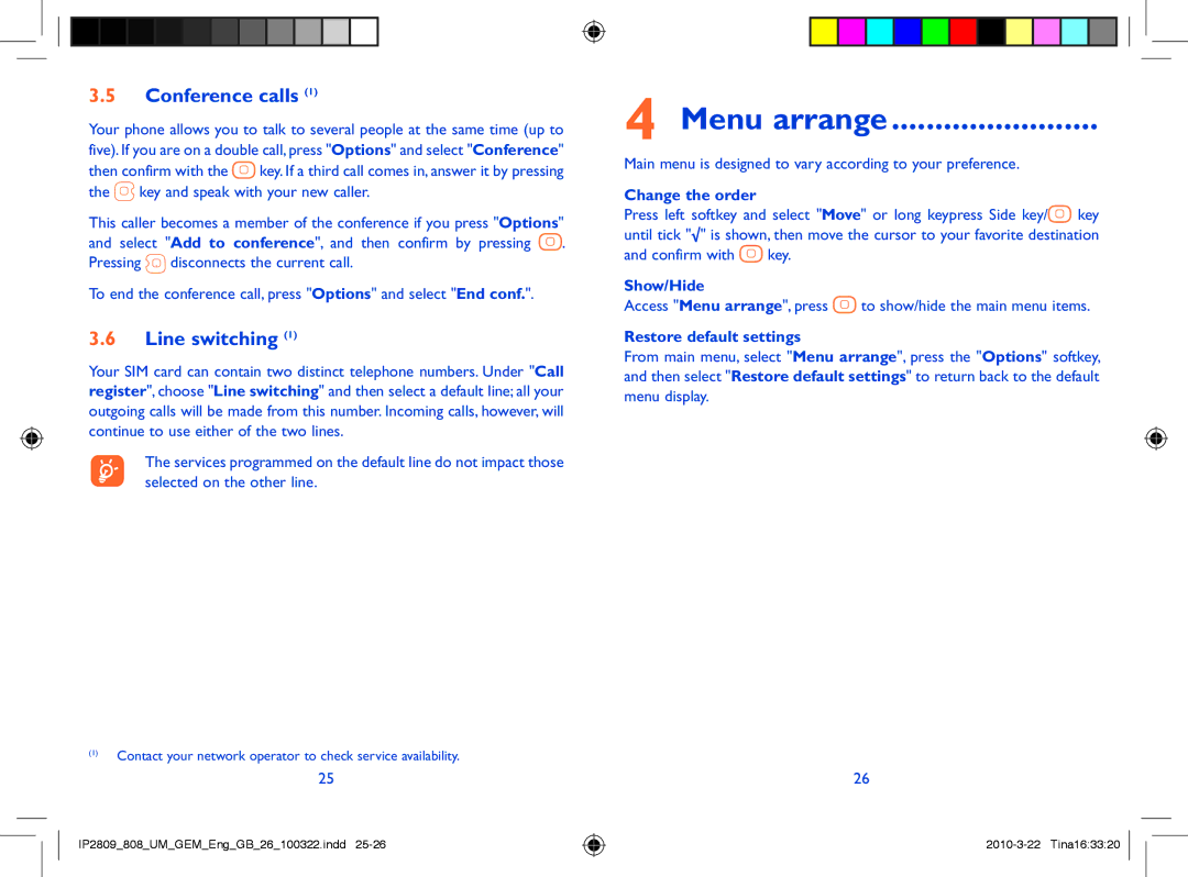 Alcatel ONE TOUCH 808 manual Menu arrange, Conference calls, Line switching 