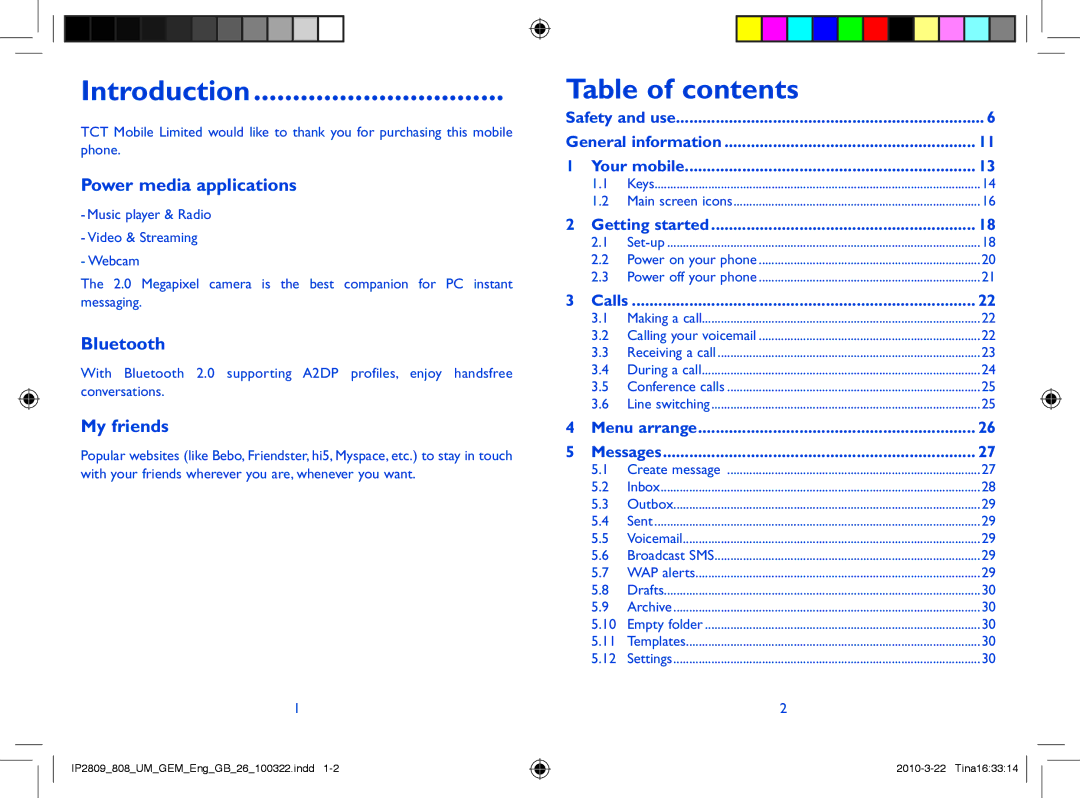 Alcatel ONE TOUCH 808 manual Introduction, Table of contents 