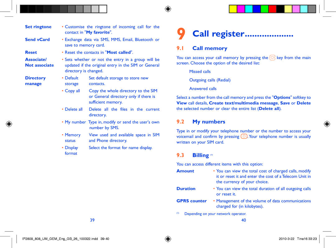 Alcatel ONE TOUCH 808 manual Call register, Call memory, My numbers, Billing 
