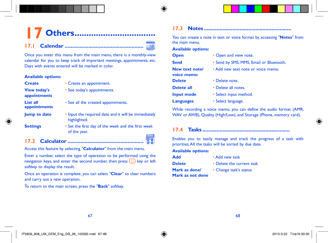 Alcatel ONE TOUCH 808 manual Others, Calendar, Calculator, Tasks 